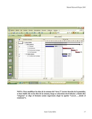 Manual Microsoft Project 2003
NOTA: Para modificar los días de la semana del “área 2” (sector derecho de la pantalla),
se hace doble clic en los días de la semana, luego se selecciona nivel inferior y donde dice
“etiqueta” se elige el formato (como sugerencia elegir la opción “1,2,3,4……desde el
comienzo”).
Autor: Carlos Bello 17
 