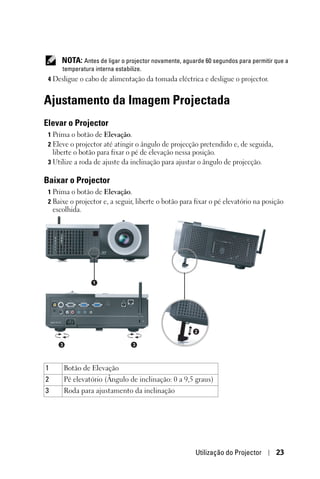 NOTA: Antes de ligar o projector novamente, aguarde 60 segundos para permitir que a
       temperatura interna estabilize.
 4 Desligue o cabo de alimentação da tomada eléctrica e desligue o projector.


Ajustamento da Imagem Projectada
Elevar o Projector
 1 Prima o botão de Elevação.
 2 Eleve o projector até atingir o ângulo de projecção pretendido e, de seguida,
    liberte o botão para fixar o pé de elevação nessa posição.
 3 Utilize a roda de ajuste da inclinação para ajustar o ângulo de projecção.

Baixar o Projector
 1 Prima o botão de Elevação.
 2 Baixe o projector e, a seguir, liberte o botão para fixar o pé elevatório na posição
    escolhida.




                   1




                                                       2

      3                           3




1         Botão de Elevação
2         Pé elevatório (Ângulo de inclinação: 0 a 9,5 graus)
3         Roda para ajustamento da inclinação




                                                       Utilização do Projector       23
 