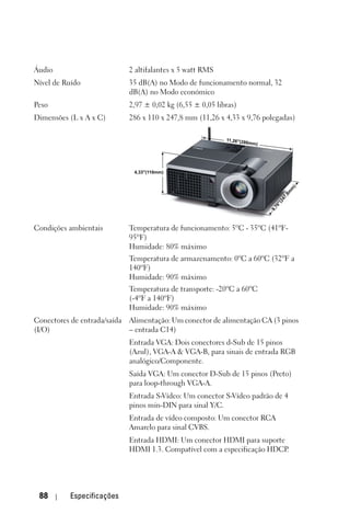 Áudio                         2 altifalantes x 5 watt RMS
Nível de Ruído                35 dB(A) no Modo de funcionamento normal, 32
                              dB(A) no Modo económico
Peso                          2,97 ± 0,02 kg (6,55 ± 0,05 libras)
Dimensões (L x A x C)         286 x 110 x 247,8 mm (11,26 x 4,33 x 9,76 polegadas)

                                                             11,26"(2
                                                                     86mm)




                               4,33"(110mm)




                                                                                       )
                                                                                        m
                                                                                      8m
                                                                                    7,
                                                                                24
                                                                               "(
                                                                               76
                                                                             9,
Condições ambientais          Temperatura de funcionamento: 5ºC - 35ºC (41ºF-
                              95ºF)
                              Humidade: 80% máximo
                              Temperatura de armazenamento: 0ºC a 60ºC (32ºF a
                              140ºF)
                              Humidade: 90% máximo
                              Temperatura de transporte: -20ºC a 60ºC
                              (-4ºF a 140ºF)
                              Humidade: 90% máximo
Conectores de entrada/saída   Alimentação: Um conector de alimentação CA (3 pinos
(I/O)                         – entrada C14)
                              Entrada VGA: Dois conectores d-Sub de 15 pinos
                              (Azul), VGA-A & VGA-B, para sinais de entrada RGB
                              analógico/Componente.
                              Saída VGA: Um conector D-Sub de 15 pinos (Preto)
                              para loop-through VGA-A.
                              Entrada S-Vídeo: Um conector S-Vídeo padrão de 4
                              pinos min-DIN para sinal Y/C.
                              Entrada de vídeo composto: Um conector RCA
                              Amarelo para sinal CVBS.
                              Entrada HDMI: Um conector HDMI para suporte
                              HDMI 1.3. Compatível com a especificação HDCP.




 88        Especificações
 