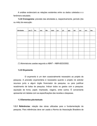 A análise evidenciará as relações existentes entre os dados coletados e o 
fenômeno estudado. 
1.2.8 Cronograma: previsão das atividades e, respectivamente, período (dia 
ou mês) de execução: 
Atividades jan.(*) fev. mar. Abr. maio jun. jul. ago. set. out. nov. dez. 
(*) Abreviaturas usadas segundo a ABNT – NBR-6023/2002. 
1.2.9 Orçamento 
O orçamento é um item ocasionalmente necessário ao projeto de 
pesquisa. A previsão orçamentária é necessária quando o projeto irá solicitar 
recursos junto a algum órgão financiador da pesquisa, ou para justificar 
recebimento de bolsa de pesquisa. Indicar todos os gastos com a pesquisa: 
aquisição de livros, papel, impressão, viagens, entre outros. É conveniente 
apresentar em tabelas com as especificações das receitas e despesas. 
1.3 Elementos pós-textuais 
1.3.1 Referências: relação das obras utilizadas para a fundamentação da 
pesquisa. Para referências deve ser usada a Norma da Associação Brasileira de 
 