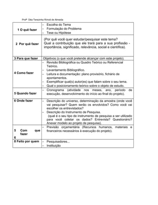 Profª Déa Terezinha Rímoli de Almeida 
1 O quê fazer 
- Escolha do Tema 
- Formulação do Problema 
- Tese ou Hipótese 
2 Por quê fazer 
(Por quê você quer estudar/pesquisar este tema? 
Qual a contribuição que ele trará para a sua profissão - 
importância, significado, relevância, social e científica). 
3 Para que fazer Objetivos (o que você pretende alcançar com este projeto). 
4 Como fazer 
- Revisão Bibliográfica ou Quadro Teórico ou Referencial 
Teórico. 
- Levantamento Bibliográfico. 
- Leitura e documentação: plano provisório, fichário de 
apontamentos. 
- Exemplificar qual(s) autor(es) que falam sobre o seu tema. 
- Qual o posicionamento teórico sobre o objeto de estudo. 
5 Quando fazer 
- Cronograma (atividade nos meses, ano, período de 
execução, desenvolvimento do início ao final do projeto). 
6 Onde fazer - Descrição do universo, determinação da amostra (onde você 
vai pesquisar? Quem serão os envolvidos? Como você vai 
escolher os entrevistados? 
- Descrição do Instrumento de Pesquisa. 
(qual é o seu tipo de instrumento de pesquisa a ser utilizado 
para você coletar os dados? Entrevista? Questionário? 
Anexar modelo ao projeto de pesquisa). 
5 Com que 
fazer 
6 
- Previsão orçamentária (Recursos humanos, materiais e 
financeiros necessários à execução do projeto). 
8 Feito por quem - Pesquisadores... 
- Instituição 
 