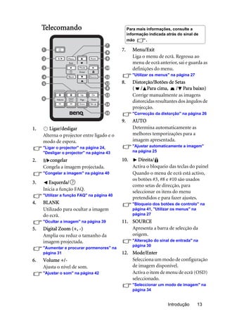 Introdução 13
Telecomando
1. Ligar/desligar
Alterna o projector entre ligado e o
modo de espera.
"Ligar o projector" na página 24,
"Desligar o projector" na página 43
2. congelar
Congela a imagem projectada.
"Congelar a imagem" na página 40
3. Esquerda/
Inicia a função FAQ.
"Utilizar a função FAQ" na página 40
4. BLANK
Utilizado para ocultar a imagem
do ecrã.
"Ocultar a imagem" na página 39
5. Digital Zoom (+, -)
Amplia ou reduz o tamanho da
imagem projectada.
"Aumentar e procurar pormenores" na
página 31
6. Volume +/-
Ajusta o nível de som.
"Ajustar o som" na página 42
7. Menu/Exit
Liga o menu de ecrã. Regressa ao
menu de ecrã anterior, sai e guarda as
definições do menu.
"Utilizar os menus" na página 27
8. Distorção/Botões de Setas
( / Para cima, / Para baixo)
Corrige manualmente as imagens
distorcidas resultantes dos ângulos de
projecção.
"Correcção da distorção" na página 26
9. AUTO
Determina automaticamente as
melhores temporizações para a
imagem apresentada.
"Ajustar automaticamente a imagem"
na página 25
10. Direita/
Activa o bloqueio das teclas do painel
Quando o menu de ecrã está activo,
os botões #3, #8 e #10 são usados
como setas de direcção, para
seleccionar os itens do menu
pretendidos e para fazer ajustes.
"Bloqueio dos botões de controlo" na
página 41, "Utilizar os menus" na
página 27
11. SOURCE
Apresenta a barra de selecção da
origem.
"Alteração do sinal de entrada" na
página 30
12. Mode/Enter
Selecciona um modo de configuração
de imagem disponível.
Activa o item de menu de ecrã (OSD)
seleccionado.
"Seleccionar um modo de imagem" na
página 34
15
1
8
4
7
8
3 10
11
12
13
2
5
6
9
14
II
Para mais informações, consulte a
informação indicada atrás do sinal de
mão .
 