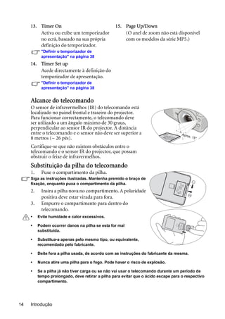 Introdução14
Alcance do telecomando
O sensor de infravermelhos (IR) do telecomando está
localizado no painel frontal e traseiro do projector.
Para funcionar correctamente, o telecomando deve
ser utilizado a um ângulo máximo de 30 graus,
perpendicular ao sensor IR do projector. A distância
entre o telecomando e o sensor não deve ser superior a
8 metros (~ 26 pés).
Certifique-se que não existem obstáculos entre o
telecomando e o sensor IR do projector, que possam
obstruir o feixe de infravermelhos.
Substituição da pilha do telecomando
1. Puxe o compartimento da pilha.
Siga as instruções ilustradas. Mantenha premido o braço de
fixação, enquanto puxa o compartimento da pilha.
2. Insira a pilha nova no compartimento. A polaridade
positiva deve estar virada para fora.
3. Empurre o compartimento para dentro do
telecomando.
• Evite humidade e calor excessivos.
• Podem ocorrer danos na pilha se esta for mal
substituída.
• Substitua-a apenas pelo mesmo tipo, ou equivalente,
recomendado pelo fabricante.
• Deite fora a pilha usada, de acordo com as instruções do fabricante da mesma.
• Nunca atire uma pilha para o fogo. Pode haver o risco de explosão.
• Se a pilha já não tiver carga ou se não vai usar o telecomando durante um período de
tempo prolongado, deve retirar a pilha para evitar que o ácido escape para o respectivo
compartimento.
13. Timer On
Activa ou exibe um temporizador
no ecrã, baseado na sua própria
definição do temporizador.
"Definir o temporizador de
apresentação" na página 38
14. Timer Set up
Acede directamente à definição do
temporizador de apresentação.
"Definir o temporizador de
apresentação" na página 38
15. Page Up/Down
(O anel de zoom não está disponível
com os modelos da série MP5.)
Aprox. 15°
 