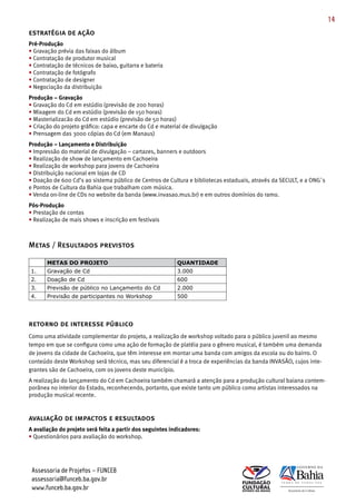 14
estratégia de ação
Pré-Produção
• Gravação prévia das faixas do álbum
• Contratação de produtor musical
• Contratação de técnicos de baixo, guitarra e bateria
• Contratação de fotógrafo
• Contratação de designer
• Negociação da distribuição
Produção – Gravação
• Gravação do Cd em estúdio (previsão de 200 horas)
• Mixagem do Cd em estúdio (previsão de 150 horas)
• Masterializacão do Cd em estúdio (previsão de 50 horas)
• Criação do projeto gráfico: capa e encarte do Cd e material de divulgação
• Prensagem das 3000 cópias do Cd (em Manaus)
Produção – Lançamento e Distribuição
• Impressão do material de divulgação – cartazes, banners e outdoors
• Realização de show de lançamento em Cachoeira
• Realização de workshop para jovens de Cachoeira
• Distribuição nacional em lojas de CD
• Doação de 600 Cd’s ao sistema público de Centros de Cultura e bibliotecas estaduais, através da SECULT, e a ONG`s
e Pontos de Cultura da Bahia que trabalham com música.
• Venda on­line de CDs no website da banda (www.invasao.mus.br) e em outros domínios do ramo.
Pós-Produção
• Prestação de contas
• Realização de mais shows e inscrição em festivais



Metas / Resultados previstos

       METAS DO PROJETO                                    QUANTIDADE
1.     Gravação de Cd                                      3.000
2.     Doação de Cd                                        600
3.     Previsão de público no Lançamento do Cd             2.000
4.     Previsão de participantes no Workshop               500




retorno de interesse público
Como uma atividade complementar do projeto, a realização de workshop voltado para o público juvenil ao mesmo
tempo em que se configura como uma ação de formação de platéia para o gênero musical, é também uma demanda
de jovens da cidade de Cachoeira, que têm interesse em montar uma banda com amigos da escola ou do bairro. O
conteúdo deste Workshop será técnico, mas seu diferencial é a troca de experiências da banda INVASÃO, cujos inte­
grantes são de Cachoeira, com os jovens deste município.
A realização do lançamento do Cd em Cachoeira também chamará a atenção para a produção cultural baiana contem­
porânea no interior do Estado, reconhecendo, portanto, que existe tanto um público como artistas interessados na
produção musical recente.


avaliação de impactos e resultados
A avaliação do projeto será feita a partir dos seguintes indicadores:
• Questionários para avaliação do workshop.




 Assessoria de Projetos – FUNCEB
 assessoria@funceb.ba.gov.br
 www.funceb.ba.gov.br
 
