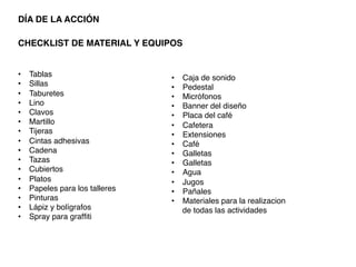 DÍA DE LA ACCIÓN!
CHECKLIST DE MATERIAL Y EQUIPOS!
!
!
•  Tablas!
•  Sillas!
•  Taburetes!
•  Lino!
•  Clavos!
•  Martillo!
•  Tijeras!
•  Cintas adhesivas!
•  Cadena!
•  Tazas!
•  Cubiertos!
•  Platos!
•  Papeles para los talleres!
•  Pinturas!
•  Lápiz y bolígrafos!
•  Spray para grafﬁti!
	
  
	
  
	
  
•  Caja de sonido!
•  Pedestal!
•  Micrófonos!
•  Banner del diseño!
•  Placa del café!
•  Cafetera!
•  Extensiones!
•  Café!
•  Galletas!
•  Galletas!
•  Agua!
•  Jugos!
•  Pañales!
•  Materiales para la realizacion
de todas las actividades!
 