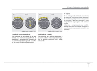Características do seu veículo
4-77
Tipo A
Tipo A Tipo B
Tipo B
OHBBCL2009 / OHBBCL2021
OHBBCL2009 / OHBBCL2021
Posição de recirculação do ar
Com a posição de recirculação do ar sele-
cionada, o ar interno do compartimento de
passageiros é retirado através do sistema de
aquecimento e pode ser aquecido ou resfria-
do, de acordo com a função selecionada.
Tipo A
Tipo A Tipo B
Tipo B
OHBBCL2008 / OHBBCL2020
OHBBCL2008 / OHBBCL2020
Posição de ar externo
Com a posição de ar externo selecionada, o
ar externo entra no veículo e pode ser aque-
cido ou resfriado, de acordo com a função
selecionada.
4 NOTA
O uso prolongado do sistema de aquecimento
na posição de recirculação (sem ar condiciona-
do selecionado) pode provocar o embaçamento
do para-brisa e dos vidros laterais e o ar do
compartimento de passageiros pode se tornar
viciado.
Além disso, o uso prolongado do ar condicio-
nado na posição de recirculação tornará o ar
excessivamente seco, causando desconforto aos
ocupantes.
 