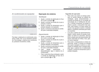 Características do seu veículo
4-79
Ar condicionado (se equipado)
OHBBCL2014
OHBBCL2014
Para ligar o sistema de ar condicionado, pres-
sione o botão “A/C” (a luz indicadora acende-
rá). Para desligar o sistema de ar condiciona-
do, pressione novamente o botão.
Operação do sistema
Ventilação
1. Ajuste o controle de distribuição do Áuxo
de ar para a posição .
2. Ajuste o controle de entrada de ar para a
posição ar externo.
3. Ajuste o controle de temperatura para a
posição desejada. (se equipado)
4. Ajuste o controle de velocidade do ventila-
dor para a velocidade desejada.
Aquecimento
1. Ajuste o controle de distribuição do Áuxo
de ar para a posição .
2. Ajuste o controle de entrada de ar para a
posição ar externo.
3. Ajuste o controle de temperatura para a
posição desejada. (se equipado)
4. Ajuste o controle de velocidade do ventila-
dor para a velocidade desejada.
5. Caso deseje aquecimento e
desumidiÀcação, ligue o sistema de ar
condicionado.
‡ Caso o para-brisa Àque embaçado, ajuste
o controle de distribuição do Áuxo de ar
para a posição ou .
Sugestões de operação
‡ Para evitar que poeira ou fumaça pene-
trem no veículo através do sistema de
ventilação, ajuste temporariamente o
controle de entrada de ar na posição de
recirculação de ar. CertiÀque-se de colo-
car o controle novamente na posição ar
externo quando o desconforto tiver pas-
sado, para manter o ar fresco dentro do
veículo. Isso ajudará a manter o motorista
alerta e o ambiente confortável para todos
os ocupantes.
‡ O ar para o sistema de aquecimento/ven-
tilação é obtido através de grades locali-
zadas na frente do para-brisa. Deve-se
tomar cuidado para que essas grades não
Àquem obstruídas por folhas, neve, gelo,
ou outros materiais.
‡ Para evitar o embaçamento no interior do
para-brisa, ajuste o controle de entrada
de ar para a posição ar externo e a velo-
cidade do ventilador para a posição dese-
jada, ligue o sistema do ar condicionado
e ajuste o controle de temperatura para a
posição desejada.
 