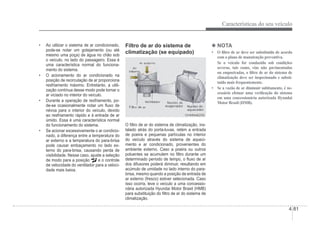 Características do seu veículo
4-81
‡ Ao utilizar o sistema de ar condicionado,
pode-se notar um gotejamento (ou até
mesmo uma poça) de água no chão sob
o veículo, no lado do passageiro. Essa é
uma característica normal do funciona-
mento do sistema.
‡ O acionamento do ar condicionado na
posição de recirculação de ar proporciona
resfriamento máximo. Entretanto, a utili-
zação contínua desse modo pode tornar o
ar viciado no interior do veículo.
‡ Durante a operação de resfriamento, po-
de-se ocasionalmente notar um Áuxo de
névoa para o interior do veículo, devido
ao resfriamento rápido e à entrada de ar
úmido. Essa é uma característica normal
do funcionamento do sistema.
‡ Se acionar excessivamente o ar condicio-
nado, a diferença entre a temperatura do
ar externo e a temperatura do para-brisa
pode causar embaçamento no lado ex-
terno do para-brisa, causando perda de
visibilidade. Nesse caso, ajuste a seleção
de modo para a posição e o controle
de velocidade do ventilador para a veloci-
dade mais baixa.
Filtro de ar do sistema de
climatização (se equipado)
Ar externo
Ar externo
OHM048209
OHM048209
O Àltro de ar do sistema de climatização, ins-
talado atrás do porta-luvas, retém a entrada
de poeira e pequenas partículas no interior
do veículo através do sistema de aqueci-
mento e ar condicionado, provenientes do
ambiente externo. Caso a poeira ou outros
poluentes se acumulem no Àltro durante um
determinado período de tempo, o Áuxo de ar
dos difusores poderá diminuir, resultando em
acúmulo de umidade no lado interno do para-
brisa, mesmo quando a posição de entrada de
ar externo (fresco) estiver selecionada. Caso
isso ocorra, leve o veículo a uma concessio-
nária autorizada Hyundai Motor Brasil (HMB)
para substituição do Àltro de ar do sistema de
climatização.
4 NOTA
‡ 2¿ltro de ar deve ser substituído de acordo
com o plano de manutenção preventiva.
Se o veículo for conduzido sob condições
severas, tais como, vias não pavimentadas
ou empoeiradas, o ¿ltro de ar do sistema de
climatização deve ser inspecionado e substi-
tuído mais frequentemente.
‡ 6HDYD]mRGHDUGLPLQXLUVXELWDPHQWHpQH
cessário efetuar uma veri¿cação do sistema
em uma concessionária autorizada Hyundai
Motor Brasil (HMB).
 