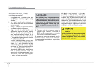 6-6
Em caso de emergência
Procedimento para partida
com bateria auxiliar
1. CertiÀque-se que a bateria auxiliar seja
de 12V e que o terminal negativo esteja
aterrado.
2. Se a bateria auxiliar estiver instalada em
outro veículo, não deixe os veículos entra-
rem em contato.
3. Desligue todos os equipamentos e aces-
sórios elétricos desnecessários.
4. Faça a conexão dos cabos na ordem exa-
ta conforme indicado na Àgura anterior.
Primeiro conecte uma extremidade do
cabo auxiliar ao terminal positivo (+) da
bateria descarregada (1) e então conecte
a outra extremidade ao terminal positivo
(+) da bateria auxiliar (2).
Conecte uma extremidade do outro cabo
auxiliar ao terminal negativo (-) da bateria
auxiliar (3) e a outra extremidade do cabo
ao terminal negativo do conector de parti-
da auxiliar (4). Não conecte o cabo próxi-
mo a nenhuma peça móvel do motor.
Não permita que os cabos auxiliares en-
trem em contato com nada exceto com
os terminais corretos da bateria ou com o
aterramento correto. Não se incline sobre
a bateria ao fazer as conexões.
CUIDADO
Não conecte o cabo auxiliar do terminal
negativo da bateria auxiliar ao terminal
negativo da bateria descarregada. Isso
pode causar o superaquecimento da
bateria descarregada e fazer com que
ela se rompa, liberando o ácido da ba-
teria.
5. Acione o motor do veículo que possui a
bateria auxiliar e deixe-o funcionando a
2.000 rpm. Em seguida acione o motor do
veículo com a bateria descarregada.
Se a causa da descarga da bateria não for
aparente, leve seu veículo a uma concessio-
nária autorizada Hyundai Motor Brasil (HMB)
para veriÀcação.
Partida empurrando o veículo
O seu veículo equipado com transmissão ma-
nual não deve ser empurrado pois este pro-
cedimento irá daniÀcar o sistema de controle
de emissões. Veículos equipados com trans-
missão automática não podem ser acionados
sendo empurrados. Siga as instruções desta
seção para partida com bateria auxiliar.
ATENÇÃO
Bateria
Nunca reboque um veículo para acioná-
lo. O arranque repentino do veículo
para a frente pode causar uma colisão
com o veículo reboque.
 
