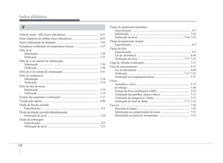 I-6
Índice alfabético
F
Falha do motor - MIL (luzes indicadoras) ............................................... 4-51
Faróis dianteiros de neblina (luzes indicadoras) ...................................... 4-55
Faróis (substituição da lâmpada) ............................................................. 7-65
Fechaduras (veriÀcação em temperaturas baixas) ................................... 5-37
Filtro de ar
Substituição ....................................................................................... 7-28
VeriÀcação ......................................................................................... 7-15
Filtro de ar do controle de climatização
Substituição ....................................................................................... 7-30
VeriÀcação ......................................................................................... 7-30
Filtro de ar do sistema de climatização .................................................... 4-81
Filtro de combustível
Substituição ....................................................................................... 7-14
VeriÀcação ......................................................................................... 7-14
Filtro de óleo do motor
Substituição ....................................................................................... 7-19
VeriÀcação ......................................................................................... 7-14
Fixação das suspensões (veriÀcação) ....................................................... 7-17
Fixação para tapetes ................................................................................. 4-90
Fluido da direção assistida
EspeciÀcações ..................................................................................... 8-5
Fluido da direção assistida hidraulicamente
VeriÀcação do nível ........................................................................... 7-24
Fluido da embreagem
EspeciÀcações ..................................................................................... 8-5
VeriÀcação do nível ........................................................................... 7-23
Fluido da transmissão automática
EspeciÀcações ..................................................................................... 8-5
Substituição ....................................................................................... 7-26
VeriÀcação do nível .................................................................. 7-16, 7-25
Fluido da transmissão manual
EspeciÀcações ..................................................................................... 8-5
Fluido do freio
EspeciÀcações ..................................................................................... 8-5
Luz de advertência ............................................................................ 4-49
VeriÀcação do nível .................................................................. 7-17, 7-23
Folga de válvulas (veriÀcação) ................................................................ 7-15
Freio de estacionamento .......................................................................... 5-21
Luz de advertência ............................................................................ 4-49
VeriÀcação ................................................................................ 7-17, 7-27
VeriÀcação em temperaturas baixas .................................................. 5-37
Freios
Assistidos a vácuo ............................................................................. 5-19
de reboque ......................................................................................... 5-40
Sistema de freios antibloqueio (ABS) ............................................... 5-23
VeriÀcação das pastilhas, pinças e discos ......................................... 7-17
VeriÀcação de mangueiras e linhas ................................................... 7-17
VeriÀcação do nível do Áuido .................................................. 7-17, 7-23
Fusíveis .................................................................................................... 7-50
Descrição do painel ........................................................................... 7-55
Substituição no compartimento do motor ......................................... 7-53
Substituição no painel de instrumentos ............................................. 7-51
 