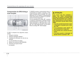 3-36
Características de segurança do seu veículo
Componentes do SRS Airbag e
suas funções
OHBBSA2018
OHBBSA2018
O SRS é composto dos seguintes compo-
nentes:
1. Airbag do motorista
2. Airbag do passageiro dianteiro *
3. Conjuntos do pré-tensor do cinto de se-
gurança*
4. Luz de advertência do airbag
5. Módulo de controle do SRS (SRSCM)
6. Sensores de impacto frontal *
* : se equipado
O SRSCM monitora continuamente todos os
componentes do sistema, enquanto o inter-
ruptor de ignição está na posição “ON”, para
determinar se um impacto é suÀcientemente
severo para acionar os airbags ou os pré-ten-
sores do cinto de segurança.
A luz de advertência do airbag “ ”, existente
no painel de instrumentos, acenderá durante
aproximadamente 6 segundos após o inter-
ruptor de ignição ter sido girado para a posi-
ção “ON”. Após esse período, a luz de adver-
tência do airbag “ ” deverá apagar.
ATENÇÃO
Caso ocorra uma das condições a
seguir, isso indica funcionamento
incorreto do sistema de proteção SRS
Airbag. Recomendamos que o sistema
seja inspecionado por uma concessio-
nária autorizada Hyundai Motor Brasil
(HMB).
‡ A luz não acende brevemente ao girar
o interruptor de ignição para a posi-
ção “ON”.
‡ A luz permanece acesa depois de
aproximadamente 6 segundos.
‡ A luz acende com o veículo em movi-
mento.
‡ A luz pisca quando o interruptor de
ignição estiver na posição “ON”.
 