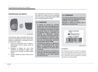 4-10
Características do seu veículo
Substituição da bateria
OLM042302
OLM042302
O transmissor utiliza uma bateria de lítio de 3
volts que normalmente irá durar vários anos.
Quando a substituição for necessária, utilize o
procedimento a seguir.
1. Insira uma ferramenta Àna na fenda e
delicadamente abra a tampa central do
transmissor.
2. Substitua a bateria por uma nova
(CR2032). Ao substituir a bateria, certi-
Àque-se que a posição da bateria esteja
correta.
3. Instale a bateria na ordem inversa da re-
moção.
Para substituição do transmissor, recomenda-
mos entrar em contato com uma concessio-
nária autorizada Hyundai Motor Brasil (HMB),
para a reprogramação do mesmo.
CUIDADO
‡ O sistema de entrada por controle
remoto sem chave foi projetado para
proporcionar anos de funcionamento
sem problemas. Entretanto, ele pode
apresentar falhas no funcionamento
do aparelho devido à exposição da
umidade ou eletricidade estática.
Caso não tenha certeza de como utili-
zar o transmissor ou substituir a bate-
ria, recomendamos entrar em contato
com uma concessionária autorizada
Hyundai Motor Brasil (HMB).
‡ A utilização de bateria em desacordo
com as especiÀcações pode causar
falhas no funcionamento do trans-
missor. CertiÀque-se de utilizar bate-
ria correta.
‡ A Àm de evitar danos ao transmissor,
evite que o mesmo sofra quedas, que
seja molhado, ou que Àque exposto
ao calor ou ao sol.
CUIDADO
Uma bateria descartada de maneira ina-
dequada pode ser prejudicial ao meio-
ambiente e à saúde humana.
Descarte a bateria de acordo com a
legislação local pertinente.
OHBBVS2003
OHBBVS2003
4 NOTA
Este equipamento opera em caráter secundário,
isto é, não tem direito à proteção contra interfe-
rência prejudicial, mesmo de estações do mesmo
tipo, e não pode causar interferência a sistemas
operando em caráter primário.
 