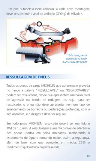 19
Em pneus tubeless (sem câmara), a cada nova montagem
deve-se substituir o anel de vedação (O'ring) da válvula*.
*Este serviço está
disponível na Rede
Autorizada MICHELIN.
Todos os pneus de carga MICHELIN que apresentam gravada
no flanco a palavra “RESSULCÁVEL” ou “REGROOVABLE”
podem ser ressulcados, desde que apresentem um baixo nível
de agressão na banda de rodagem, ou seja, para ser
ressulcado, o pneu não deve apresentar nenhum tipo de
arrancamento de borracha ou perfurações profundas, com o
aço aparente, e o desgaste deve ser regular.
Em todo pneu MICHELIN ressulcado deverá ser mantido o
TWI de 1,6 mm. A ressulcagem aumenta o nível de aderência
dos pneus usados em solos molhados, melhorando o
escoamento de água e tornando maior, assim, a segurança,
além de fazer com que aumente, em média, 25% o
rendimento quilométrico na primeira vida.
RESSULCAGEM DE PNEUS
 