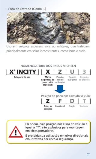 - Fora de Estrada (Gama L)
Uso em veículos especiais, civis ou militares, que trafegam
principalmente em solos inconsistentes, como lama e areia.
07
X®
Categoria de uso
NOMENCLATURA DOS PNEUS MICHELIN
Posição do pneu nos eixos do veículo:
X
Marca
Registrada do
pneu radial
MICHELIN
Z
Todas as
posições
U
Tipo de
uso/gama
D
Tração
Z
Posição
eixo de
utilização
F
Direcional
3
Evolução
do produto
T
Portador
INCITY
Os pneus, cuja posição nos eixos do veículo é
igual à “T”, são exclusivos para montagem
em eixos portadores.
É proibida sua utilização em eixos direcionais
e/ou trativos por risco à segurança.
 