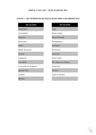 EDITAL Nº 031 /2011 –18 DE JULHO DE 2011



ANEXO 2 - MUNICÍPIOS DE REALIZAÇÃO DE PROVA DO PROSEL/2012


            MUNICÍPIO                             MUNICÍPIO

 Abaetetuba                            Moju

 Ananindeua                            Monte Alegre

 Altamira                              Monte Dourado

 Barcarena                             Paragominas

 Belém                                 Redenção

 Belém (Icoaraci)                      Salvaterra

 Cametá                                Santarém

 Capanema                              Santa Izabel

 Castanhal                             São Miguel do Guamá

 Conceição do Araguaia                 Tomé-Açú

 Igarapé-Açu                           Tucuruí

 Itaituba                              Vigia de Nazaré

 Marabá




                                                              23
 