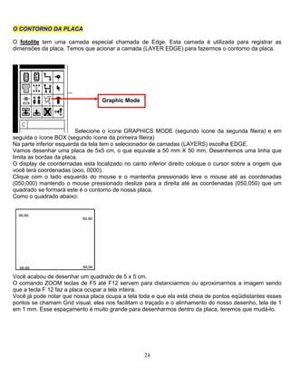 24
OO CCOONNTTOORRNNOO DDAA PPLLAACCAA
O fotolite tem uma camada especial chamada de Edge. Esta camada é utilizada para registrar as
dimensões da placa. Temos que acionar a camada (LAYER EDGE) para fazermos o contorno da placa.
Selecione o ícone GRAPHICS MODE (segundo ícone da segunda fileira) e em
seguida o ícone BOX (segundo ícone da primeira fileira)
Graphic Mode
Na parte inferior esquerda da tela tem o selecionador de camadas (LAYERS) escolha EDGE.
Vamos desenhar uma placa de 5x5 cm, o que equivale a 50 mm X 50 mm. Desenhemos uma linha que
limita as bordas da placa.
O display de coordernadas esta localizado no canto inferior direito coloque o cursor sobre a origem que
você terá coordenadas (ooo, 0000).
Clique com o lado esquerdo do mouse e o mantenha pressionado leve o mouse até as coordenadas
(050,000) mantendo o mouse pressionado deslize para a direita até as coordenadas (050,050) que um
quadrado se formará este é o contorno de nossa placa.
Como o quadrado abaixo:
Você acabou de desenhar um quadrado de 5 x 5 cm.
O comando ZOOM teclas de F5 até F12 servem para distanciarmos ou aproximarmos a imagem sendo
que a tecla F 12 faz a placa ocupar a tela inteira.
Você já pode notar que nossa placa ocupa a tela toda e que ela está cheia de pontos eqüidistantes esses
pontos se chamam Grid visual, eles nos facilitam o traçado e o alinhamento do nosso desenho, tela de 1
em 1 mm. Esse espaçamento é muito grande para desenharmos dentro da placa, teremos que mudá-lo.
 