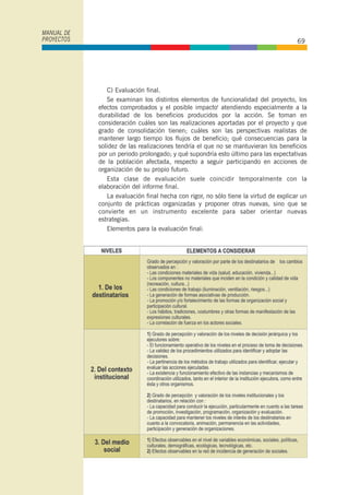 C) Evaluación final.
Se examinan los distintos elementos de funcionalidad del proyecto, los
efectos comprobados y el posible impacto' atendiendo especialmente a la
durabilidad de los beneficios producidos por la acción. Se toman en
consideración cuáles son las realizaciones aportadas por el proyecto y que
grado de consolidación tienen; cuáles son las perspectivas realistas de
mantener largo tiempo los flujos de beneficio; qué consecuencias para la
solidez de las realizaciones tendría el que no se mantuvieran los beneficios
por un periodo prolongado; y qué supondría esto último para las expectativas
de la población afectada, respecto a seguir participando en acciones de
organización de su propio futuro.
Esta clase de evaluación suele coincidir temporalmente con la
elaboración del informe final.
La evaluación final hecha con rigor, no sólo tiene la virtud de explicar un
conjunto de prácticas organizadas y proponer otras nuevas, sino que se
convierte en un instrumento excelente para saber orientar nuevas
estrategias.
Elementos para la evaluación final:
MANUAL DE
PROYECTOS 69
 