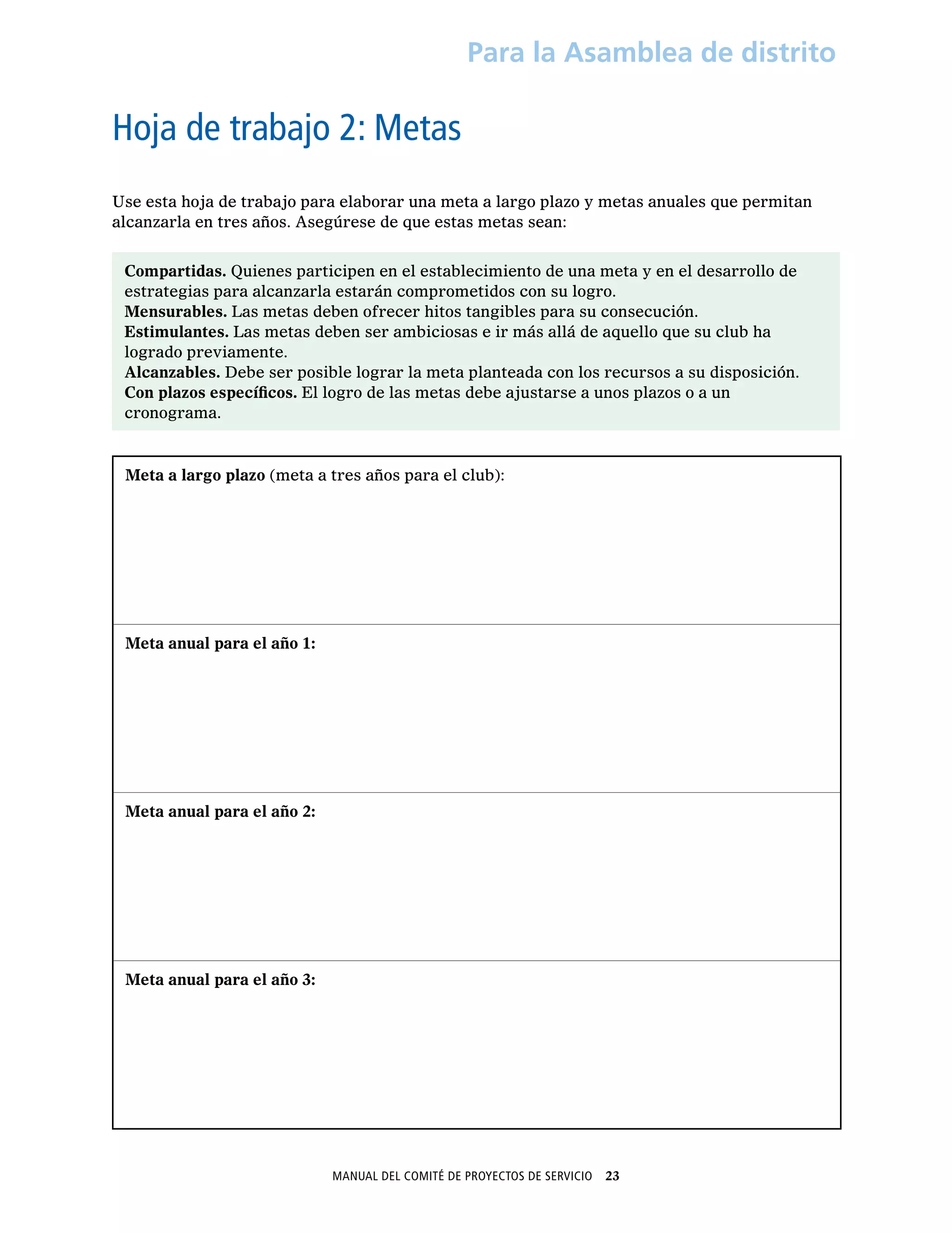 Manual del Comité de Proyectos de Servicio  23
Para la Asamblea de distrito
Hoja de trabajo 2: Metas
Use esta hoja de trabajo para elaborar una meta a largo plazo y metas anuales que permitan
alcanzarla en tres años. Asegúrese de que estas metas sean:
Compartidas. Quienes participen en el establecimiento de una meta y en el desarrollo de
estrategias para alcanzarla estarán comprometidos con su logro.
Mensurables. Las metas deben ofrecer hitos tangibles para su consecución.
Estimulantes. Las metas deben ser ambiciosas e ir más allá de aquello que su club ha
logrado previamente.
Alcanzables. Debe ser posible lograr la meta planteada con los recursos a su disposición.
Con plazos específicos. El logro de las metas debe ajustarse a unos plazos o a un
cronograma.
Meta a largo plazo (meta a tres años para el club):
Meta anual para el año 1:
Meta anual para el año 2:
Meta anual para el año 3:
 