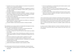 • Se atiende el X% de las consultas realizadas por los alumnos en las acciones for-                 • El X% de los participantes en una determinada acción formativa muestran su satis-
            mativas y se dan X orientaciones individuales.                                                      facción en cuanto a la calida de la acción.
         • Se realiza una investigación sobre las características y necesidades del colectivo X              • Se diseñan X proyectos en el marco de la acción formativa de que se trate.
            y se editan X ejemplares que se distribuyen a todas las AAPP y empresas con las                  • X personas asisten a un seminario sobre formación de formadores, de los cuales un
            que trabaja la entidad.                                                                             X% pasan la prueba final.
         • Se resuelven X peticiones de consultas la investigación.                                          • Se realizan durante el 200X X módulos específicos de formación sobre las caracte-
         • Se publican X boletines de comunicación destinados a empresas e instituciones                        rísticas de los colectivos marginales al que asisten X personas para detectar sus
            donde se refleja la realidad de la inserción laboral y el trabajo realizado por la entidad.         necesidades de inserción laboral.
         • Se crea un portal en internet para difundir el trabajo de la entidad.                             • …
         • X vistas al mes de la página web.
         • Se realizan X sesiones sobre planificación de proyectos de inserción sociolaboral al           Como se puede observar la lista de indicadores es interminable. Se trata de escoger aque-
            que asisten X personas de la entidad.                                                         llos que sean más representativos para medir el logro del resultado o del objetivo al que
         • Se habrá desarrollado un plan de comunicación de la entidad con un alcance de X                esté asociado teniendo en cuenta que para que esta medición sea posible es necesario
            AAPP, X empresas y X entidades sociales.                                                      que se cuantifique previamente para tener una línea de base a partir del cual poder com-
         • Se habrán instalado X nuevas licencias de acceso en X sedes de la entidad.                     parar. Lo normal es que para medir el alcance de un resultado u objetivo se utilice varios
         • …                                                                                              indicadores.


      Otra posibilidad es que se ponga el acento en el fortalecimiento del programa de volunta-           En todos los casos se deberán seleccionar la Fuentes de Verificación pertinentes y de
      riado como medio de acompañamiento a los usuarios:                                                  fácil consecución que permitan obtener los datos necesarios para extraer cada uno de
         • Se realizan X cursos destinados a la formación de voluntarios durante el año.                  los indicadores.
         • En total se forma a X voluntarios en aspectos tales como …
         • Se invierte un promedio de X horas de formación por cada voluntario que colabora
            con la entidad.
         • Durante el año X se realiza un Plan de Voluntariado para la entidad en el que se con-
            templen aspectos relativos a la formación, procedimientos de realización de su tra-
            bajo…).
         • El X% de los voluntarios de la entidad muestran su satisfacción con el Plan.
         • El X% de los técnicos de la entidad muestran su satisfacción con el Plan.
         • X jóvenes participan en X sesiones de promoción y sensibilización del voluntariado
            realizadas durante el año 200X.
         • X jóvenes participan en X campañas de voluntariado universitario.
         • Durante el año se habrán incorporado X nuevos voluntarios a la ONG.
         • …


      Si la entidad organiza acciones de formación de profesionales y voluntarios del sector:
         • X profesionales y voluntarios participan en la acción formativa en mediación laboral
            intercultural.

214                                                                                                                                                                                                    215
 