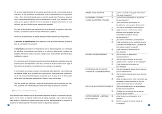 Un error en la identificación de los actores que de forma más o menos directa van a       ORIGEN DE LA INICIATIVA         ¿Cómo y cuándo ha surgido la iniciativa?
           intervenir, de los problemas considerados como fundamentales por la población                                             ¿De quién ha partido?
           meta, o de la alternativa elegida para su solución, puede hacer fracasar el proyecto      ACTIVIDADES LLEVADAS            ¿Quiénes han participado en el proceso
           con la consiguiente decepción para los beneficiarios, la ESAL y las personas o enti-      A CABO DURANTE EL PROCESO       de identificación?
           dades que lo apoyan, además de llevar aparejado el desaprovechamiento de unos                                             ¿Han participado activamente los
           recursos que, en el ámbito social, siempre son escasos.                                                                   beneficiarios o los usuarios del servicio?
                                                                                                                                     ¿En qué ha consistido su participación?
           Para que la identificación sea realmente útil se ha de buscar un equilibrio entre obje-                                   ¿Qué personas o instituciones, tanto
           tividad y concreción huyendo de toda información superflua.                                                               públicas como privadas han sido
                                                                                                                                     consultadas durante el proceso
           Dentro de la identificación se puede distinguir entre el proceso y el diagnóstico.                                        de identificación?
                                                                                                                                     ¿En qué ha consistido su participación?
           El proceso de identificación hace referencia a las acciones realizadas durante la                                         ¿Qué actividades se han realizado durante
           fase de concepción del proyecto.                                                                                          el proceso de identificación?, ¿quiénes las
                                                                                                                                     han llevado a cabo?; ¿cuándo?
           El diagnóstico consiste en la interpretación de los datos recogidos con la finalidad                                      ¿Qué métodos y herramientas se
           de identificar los problemas que afectan a un colectivo determinado, visualizar las                                       han utilizado?
           posibles alternativas para su solución y elegir una o varias de ellas atendiendo a su     ESTUDIO SOCIOECONÓMICO          ¿Se ha hecho un diagnóstico
           viabilidad e impacto.                                                                                                     socioeconómico?
                                                                                                                                     ¿Se han hecho estudios de otro tipo?
           En el momento de la formulación resulta conveniente detallar los resultados tanto del                                     ¿Quién, cómo y cuándo se han realizado?
           proceso como del diagnóstico para dar a conocer la situación real que dio lugar al                                        ¿Qué fuentes de información se
           nacimiento del proyecto y la coherencia con lo que en él se plantea.                                                      han utilizado?
                                                                                                     ESTRATEGIAS DE ACTUACIÓN        ¿Se está trabajando desde otras instancias
           A continuación se recogen una serie de preguntas sobre aspectos importantes que           A FAVOR DE LOS BENEFICIARIOS    con los beneficiarios?
           se deberían reflejar en el momento de la formulación. Estas preguntas pueden ser-                                         ¿Se ha tenido presente este hecho durante
           vir de lista de control (chek list) para comprobar si en el documento de formulación                                      el proceso?
           se ha dado una respuesta satisfactoria a todas y cada una de ellas.                                                       ¿Qué sinergias existen entre el proyecto que
                                                                                                                                     se plantea y otros proyectos en los que
           Hay que aclarar que esta guía y todas las herramientas que se proponen son flexi-                                         estén interviniendo los beneficiarios?
           bles, pudiendo ser modificadas para adecuarse mejor a cada caso concreto.                 SOLICITUD A ENTIDADES LOCALES   ¿Se ha solicitado apoyo de las entidades
                                                                                                                                     locales para el proyecto?
           PROCESO DE IDENTIFICACIÓN                                                                                                 ¿Cuáles son las razones por las que se
                                                                                                                                     busca el apoyo exterior?
     Este apartado hace referencia a las actividades realizadas durante la concepción del pro-       PARTICIPACIÓN DE LA ENTIDAD     ¿Cuál ha sido su participación en el
     yecto. Con el mismo se trata de mostrar todo el trabajo realizado y que ha sido necesario       EN EL PROCESO                   proceso?
     para recabar la información imprescindible para formular adecuadamente un proyecto. Al                                          ¿Cómo y cuando ha tenido noticia de
     respecto se debería aportar información sobre los siguientes aspectos:                                                          la iniciativa?
58                                                                                                                                                                                  59
 