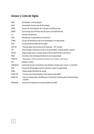Anexo 1: Lista de Siglas
A&P Atividades e Participação
APA Associação Americana de Psicologia
CASP Escala de Participação de Crianças e Adolescentes
CRPD Convenção dos Direitos das Pessoas com Deficiências
EF Fatores Ambientais
FIM Medida de Independência Funcional
FDRG Grupo de Referência de Funcionalidade e Incapacidade
FRG Grupos Relacionados de Funções
CID-10 Classificação Internacional de Doenças - 10ª
revisão
CIF Classificação Internacional de Funcionalidade, Incapacidade e Saúde
OECD Organização para a Cooperação e Desenvolvimento Econômico
PEDI Inventário de Avaliação Pediátrica de Incapacidade
PEM-CY Participation and Environment Measure for Children’ and Youth
UN Nações Unidas
UNESCAP Comissão Social e Econômica das Nações Unidas para a Ásia e o Pacífico
WG Grupo de Washington para Estatísticas sobre Incapacidade
OMS Organização Mundial da Saúde
WHO-FIC Famílias das Classificações Internacionais da OMS
WHO CC Centro Colaborador da OMS para Família de Classificações Relacionadas
à Saúde
WHODAS Escala de Avaliação de Incapacidades da OMS
92
 