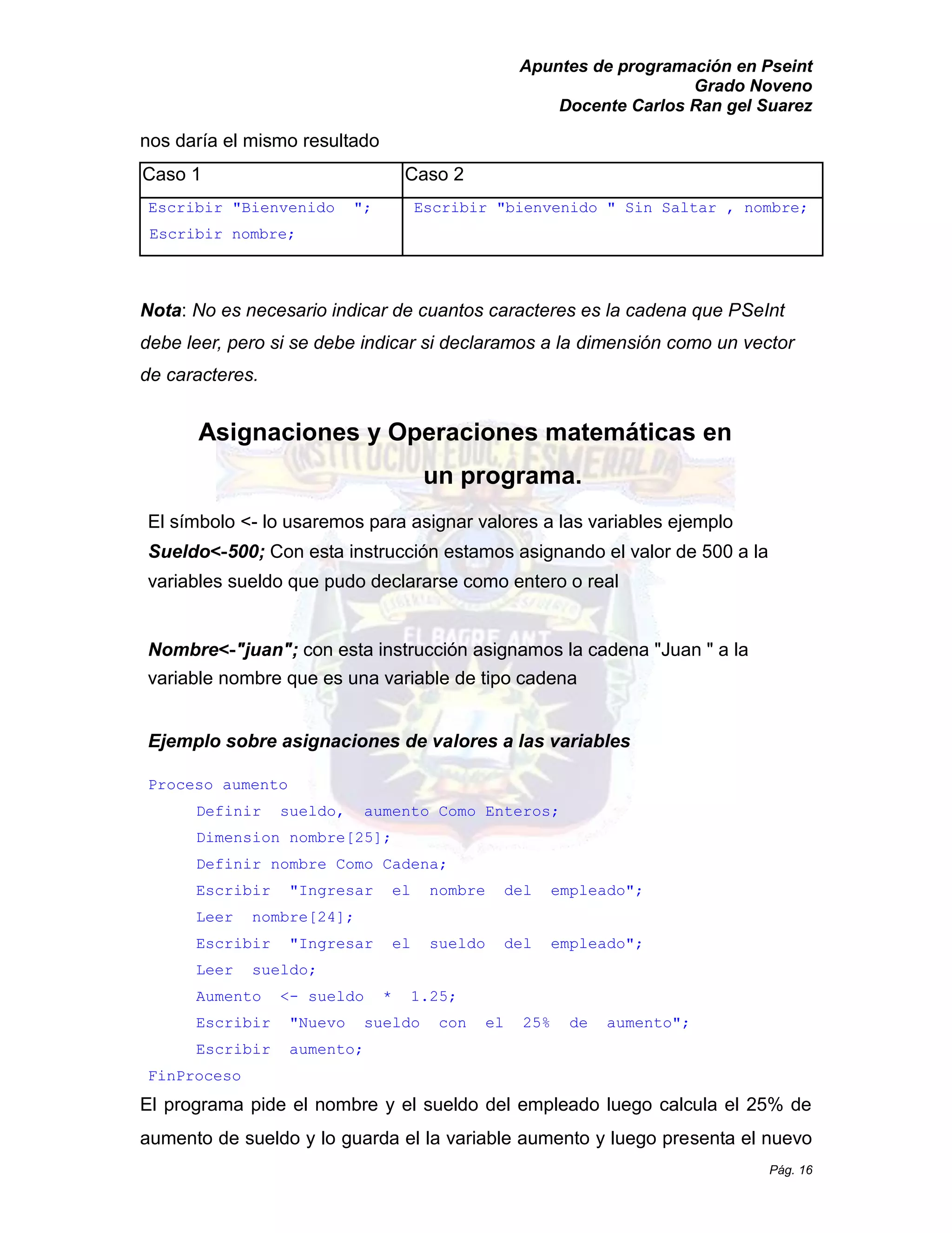 Apuntes de programación en Pseint 
Grado Noveno 
Docente Carlos Ran gel Suarez 
Pág. 16 
nos daría el mismo resultado 
Caso 1 
Caso 2 
Escribir "Bienvenido "; 
Escribir nombre; 
Escribir " bienvenido Sin Saltar , nombre; 
Nota: No es necesario indicar de cuantos caracteres la cadena que PSeInt debe leer, pero si se debe indicar declaramos a la dimensión como un vector de caracteres. 
Asignaciones y Operaciones matemáticas en un programa. 
El símbolo <- lo usaremos para asignar valores a las variables ejemplo Sueldo<-500; Con esta instrucción estamos asignando el valor de 500 a la variables sueldo que pudo declararse como entero o real 
Nombre<-"juan"; con esta instrucción asignamos la cadena " Juan a variable nombre que es una variable de tipo cadena 
Ejemplo sobre asignaciones de valores a las variables 
Proceso aumento 
Definir sueldo, aumento Como Enteros; 
Dimension nombre[25]; 
Definir nombre Como Cadena; 
Escribir "Ingresar el nombre del empleado"; 
Leer nombre[24]; 
Escribir "Ingresar el sueldo del empleado"; 
Leer sueldo; 
Aumento <- sueldo * 1.25; 
Escribir "Nuevo sueldo con el 25% de aumento"; 
Escribir aumento; 
FinProceso 
El programa pide el nombre y sueldo del empleado luego calcula 25% de aumento de sueldo y lo guarda el la variable luego presenta el nuevo  