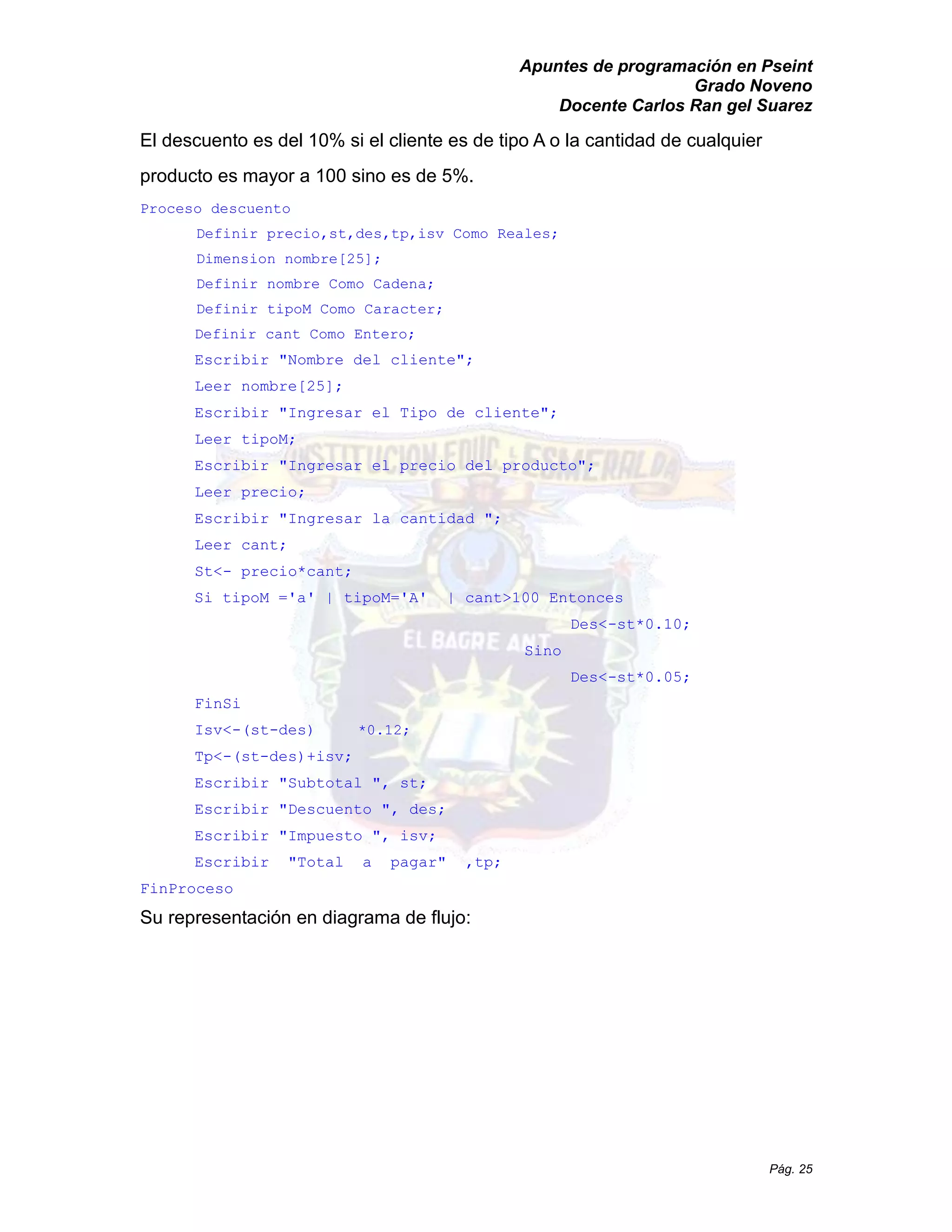 Apuntes de programación en Pseint 
Grado Noveno 
Docente Carlos Ran gel Suarez 
Pág. 25 
El descuento es del 10% si el cliente de tipo A o la cantidad cualquier producto es mayor a 100 sino de 5%. 
Proceso descuento 
Definir precio,st,des,tp,isv Como Reales; 
Dimension nombre[25]; 
Definir nombre Como Cadena; 
Definir tipoM Como Caracter; 
Definir cant Como Entero; 
Escribir "Nombre del cliente"; 
Leer nombre[25]; 
Escribir "Ingresar el Tipo de cliente"; 
Leer tipoM; 
Escribir "Ingresar el precio del producto"; 
Leer precio; 
Escribir "Ingresar la cantidad "; 
Leer cant; 
St<- precio*cant; 
Si tipoM ='a' | tipoM='A' | cant>100 Entonces 
Des<-st*0.10; 
Sino 
Des<-st*0.05; 
FinSi 
Isv<-(st-des) *0.12; 
Tp<-(st-des)+isv; 
Escribir "Subtotal ", st; 
Escribir "Descuento ", des; 
Escribir "Impuesto ", isv; 
Escribir "Total a pagar" ,tp; 
FinProceso 
Su representación en diagrama de flujo:  