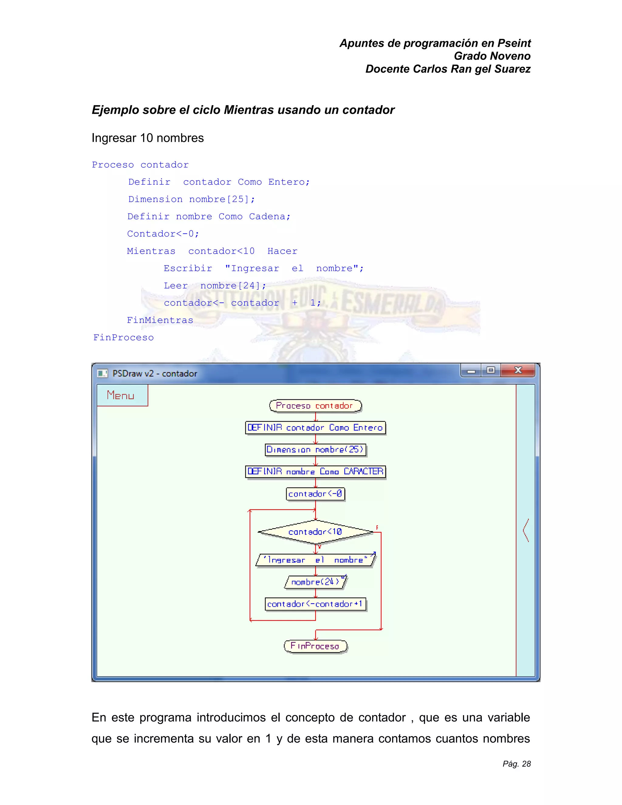 Apuntes de programación en Pseint 
Grado Noveno 
Docente Carlos Ran gel Suarez 
Pág. 28 
Ejemplo sobre el ciclo Mientras usando un contador 
Ingresar 10 nombres 
Proceso contador 
Definir contador Como Entero; 
Dimension nombre[25]; 
Definir nombre Como Cadena; 
Contador<-0; 
Mientras contador<10 Hacer 
Escribir "Ingresar el nombre"; 
Leer nombre[24]; 
contador<- contador + 1; 
FinMientras 
FinProceso 
En este programa introducimos el concepto de contador , que es una variable que se incrementa su valor en 1 y de esta manera contamos cuantos nombres  