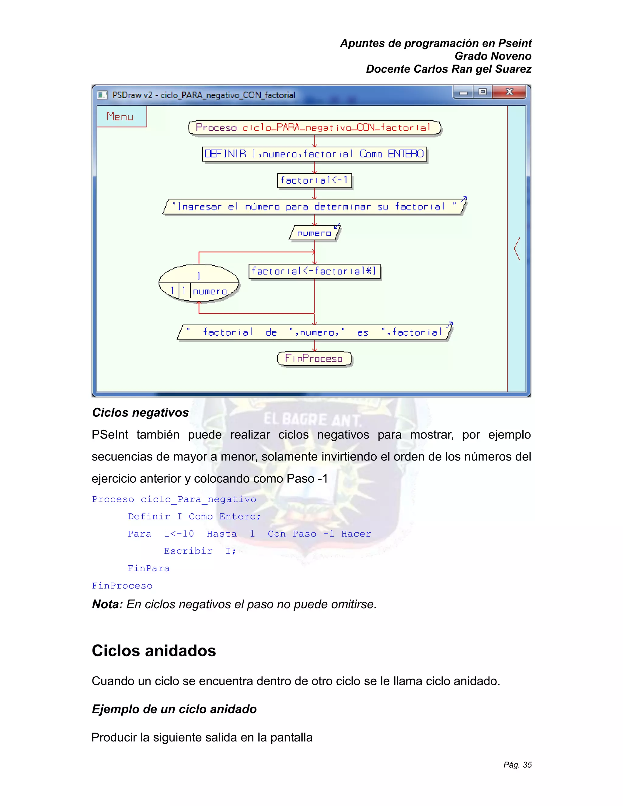 Apuntes de programación en Pseint 
Grado Noveno 
Docente Carlos Ran gel Suarez 
Pág. 35 
Ciclos negativos 
PSeInt también puede realizar ciclos negativos para mostrar, por ejemplo secuencias de mayor a menor, solamente invirtiendo el orden de los números del ejercicio anterior y colocando como Paso -1 
Proceso ciclo_Para_negativo 
Definir I Como Entero; 
Para I<-10 Hasta 1 Con Paso -1 Hacer 
Escribir I; 
FinPara 
FinProceso 
Nota: En ciclos negativos el paso no puede omitirse. 
Ciclos anidados 
Cuando un ciclo se encuentra dentro de otro se le llama ciclo anidado. 
Ejemplo de un ciclo anidado 
Producir la siguiente salida en pantalla  