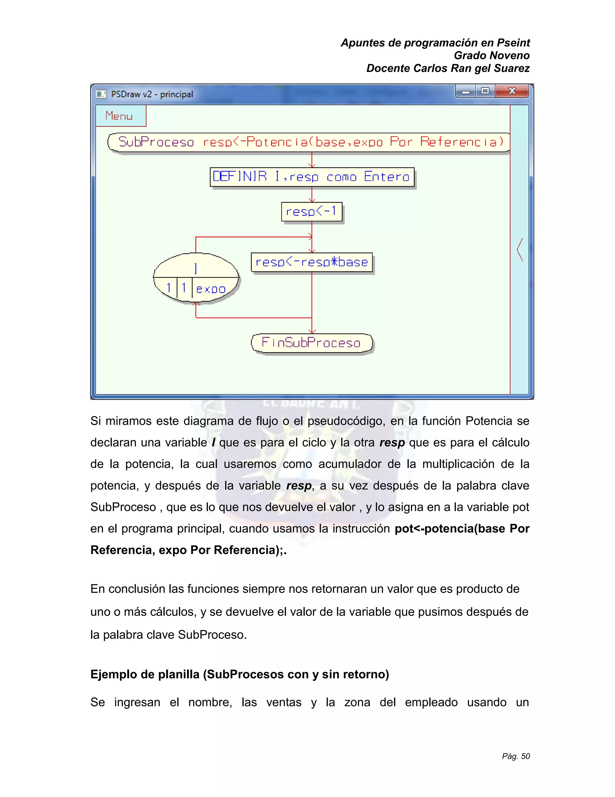 Apuntes de programación en Pseint 
Grado Noveno 
Docente Carlos Ran gel Suarez 
Pág. 50 
Si miramos este diagrama de flujo o el pseudocódigo, en la función Potencia se declaran una variable I que es para el ciclo y la otra resp que es para el cálculo de la potencia, cual usaremos como acumulador de la multiplicación de la potencia, y después de la variable resp, a su vez después de la palabra clave SubProceso , que es lo nos devuelve el valor y asigna en a la variable pot en el programa principal, cuando usamos la instrucción pot<-potencia(base Por Referencia, expo Por Referencia);. 
En conclusión las funciones siempre nos retornaran un valor que es producto de uno o más cálculos, y se devuelve el valor de la variable que pusimos después la palabra clave SubProceso. 
Ejemplo de planilla (SubProcesos con y sin retorno) 
Se ingresan el nombre, las ventas y la zona del empleado usando un  
