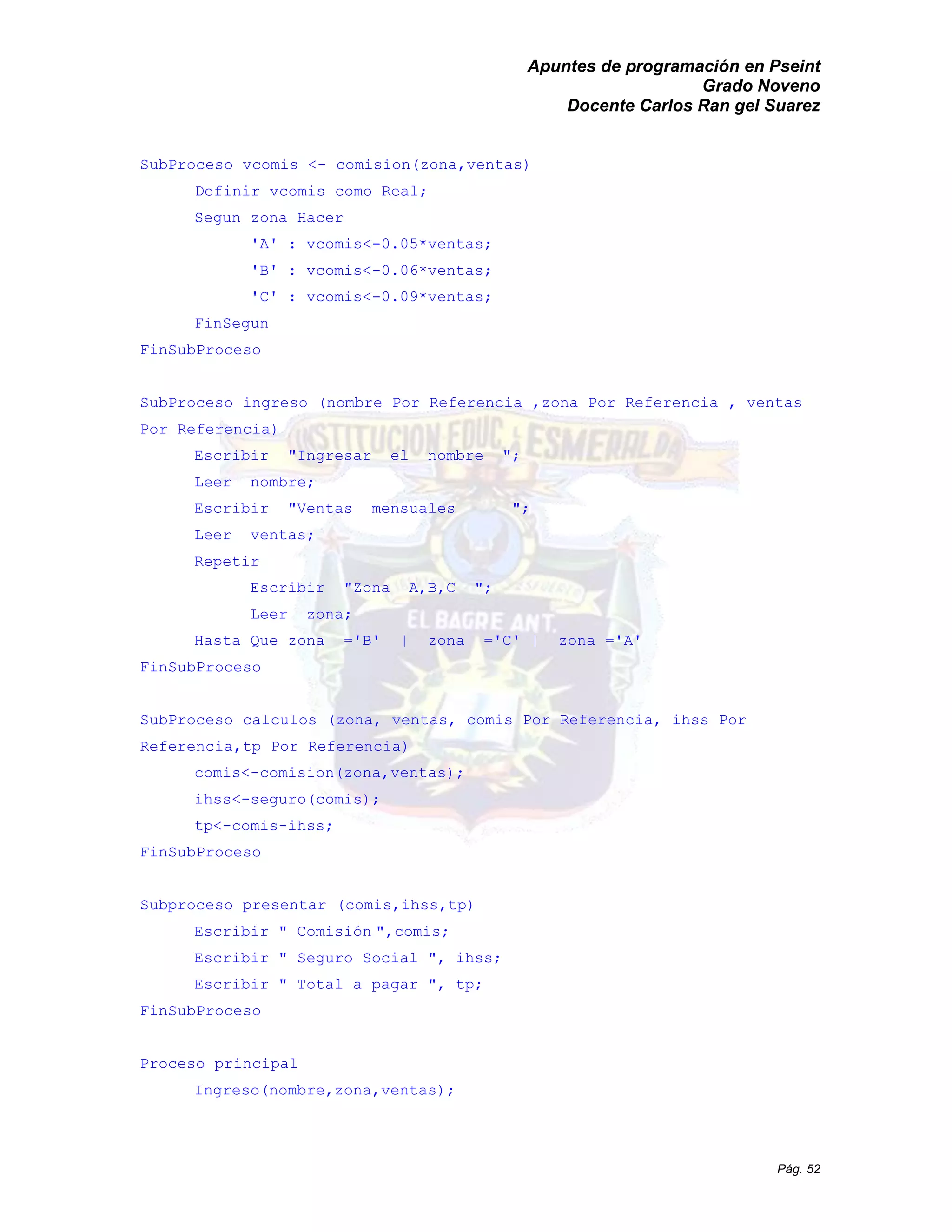 Apuntes de programación en Pseint 
Grado Noveno 
Docente Carlos Ran gel Suarez 
Pág. 52 
SubProceso vcomis <- comision(zona,ventas) 
Definir vcomis como Real; 
Segun zona Hacer 
'A' : vcomis<-0.05*ventas; 
'B' : vcomis<-0.06*ventas; 
'C' : vcomis<-0.09*ventas; 
FinSegun 
FinSubProceso 
SubProceso ingreso (nombre Por Referencia , zona ventas Por Referencia) 
Escribir "Ingresar el nombre "; 
Leer nombre; 
Escribir "Ventas mensuales "; 
Leer ventas; 
Repetir 
Escribir "Zona A,B,C "; 
Leer zona; 
Hasta Que zona ='B' | C' A' 
FinSubProceso 
SubProceso calculos (zona, ventas, comis Por Referencia, ihss Referencia,tp Por Referencia) 
comis<-comision(zona,ventas); 
ihss<-seguro(comis); 
tp<-comis-ihss; 
FinSubProceso 
Subproceso presentar (comis,ihss,tp) 
Escribir " Comisión ",comis; 
Escribir " Seguro Social ", ihss; 
Escribir " Total a pagar ", tp; 
FinSubProceso 
Proceso principal 
Ingreso(nombre,zona,ventas);  