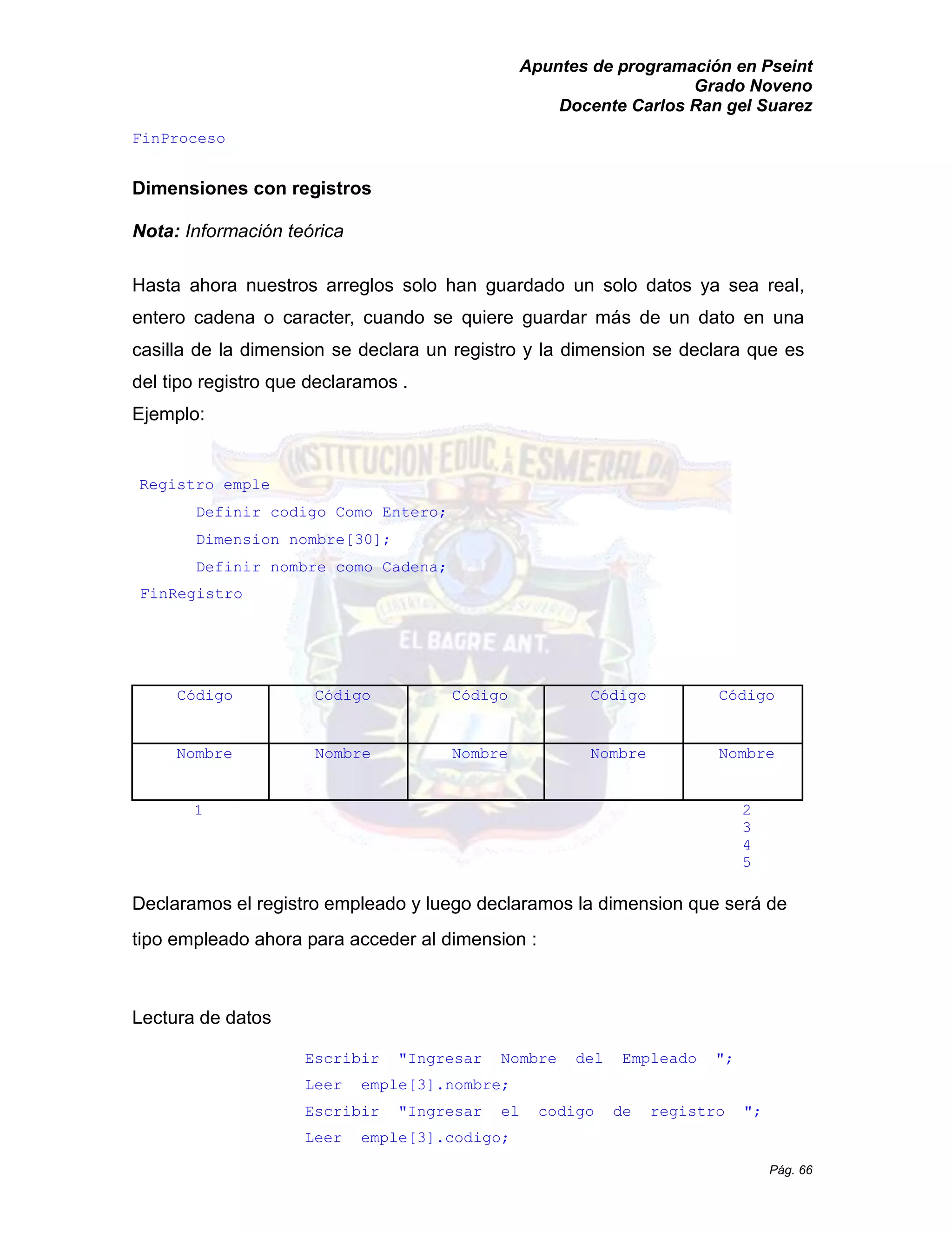 Apuntes de programación en Pseint 
Grado Noveno 
Docente Carlos Ran gel Suarez 
Pág. 66 
FinProceso 
Dimensiones con registros 
Nota: Información teórica 
Hasta ahora nuestros arreglos solo han guardado un solo datos ya sea real, entero cadena o caracter, cuando se quiere guardar más de un dato en una casilla de la dimension se declara un registro y la dimension se declara que es del tipo registro que declaramos . 
Ejemplo: 
Registro emple 
Definir codigo Como Entero; 
Dimension nombre[30]; 
Definir nombre como Cadena; 
FinRegistro 
Código 
Código 
Código 
Código 
Código 
Nombre 
Nombre 
Nombre 
Nombre 
Nombre 
1 2 3 4 5 
Declaramos el registro empleado y luego declaramos la dimension que será de tipo empleado ahora para acceder al dimension : 
Lectura de datos 
Escribir "Ingresar Nombre del Empleado "; 
Leer emple[3].nombre; 
Escribir "Ingresar el codigo de registro "; 
Leer emple[3].codigo;  