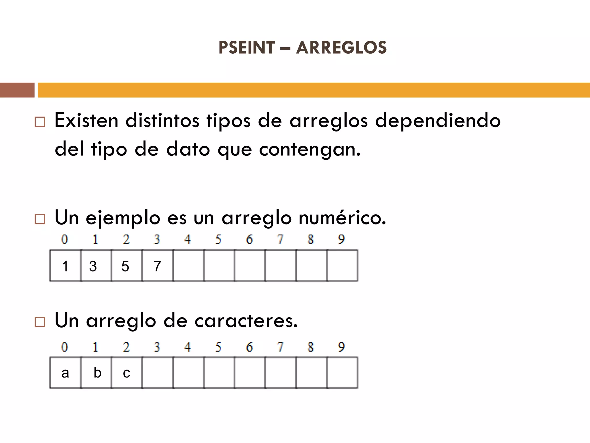 PSEINT – ARREGLOS
 Existen distintos tipos de arreglos dependiendo
del tipo de dato que contengan.
 Un ejemplo es un arreglo numérico.
 Un arreglo de caracteres.
1 3 5 7
a b c
 