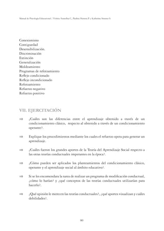 80
Manual de Psicología Educacional / Violeta Arancibia C., Paulina Herrera P. y Katherine Strasser S.
Conexionisno
Contiguedad
Desensibilización.
Discriminación
Extinción
Generalización
Moldeamiento
Programas de reforzamiento
Reflejo condicionado
Reflejo incondicionado
Reforzamiento
Refuerzo negativo
Refuerzo positivo
VII. EJERCITACIÓN
⇒	 ¿Cuáles son las diferencias entre el aprendizaje obtenido a través de un
condicionamiento clásico, respecto al obtenido a través de un condicionamiento
operante?.
⇒	 Explique los procedimientos mediante los cuales el refuerzo opera para generar un
aprendizaje.
⇒	 ¿Cuáles fueron los grandes aportes de la Teoría del Aprendizaje Social respecto a
las otras teorías conductuales imperantes en la época?.
⇒	 ¿Cómo pueden ser aplicados los planteamientos del condicionamiento clásico,
operante y el aprendizaje social al ámbito educativo?.
⇒	 Si se les encomendara la tarea de realizar un programa de modificación conductual,
¿cómo lo harían? y ¿qué conceptos de las teorías conductuales utilizarían para
hacerlo?.
⇒	 ¿Qué opinión le merecen las teorías conductuales?, ¿qué aportes visualizan y cuáles
debilidades?.
 