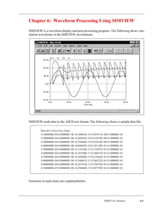 PSIM User Manual 6-1
Chapter 6: Waveform Processing Using SIMVIEW
SIMVIEW is a waveform display and post-processing program. The following shows sim-
ulation waveforms in the SIMVIEW environment.
SIMVIEW reads data in the ASCII text format. The following shows a sample data file:
Functions in each menu are explainedbelow.
Time I(L1) V(o) V(a) V(pi)
0.1000000E-04 0.000000E+00 -0.144843E-18 0.307811E+00 0.100000E+01
0.2000000E-04 0.000000E+00 -0.289262E-18 0.615618E+00 0.100000E+01
0.3000000E-04 0.000000E+00 -0.576406E-18 0.923416E+00 0.100000E+01
0.4000000E-04 0.000000E+00 -0.860585E-18 0.123120E+01 0.100000E+01
0.5000000E-04 0.000000E+00 -0.114138E-17 0.153897E+01 0.100000E+01
0.6000000E-04 0.000000E+00 -0.141920E-17 0.184671E+01 0.100000E+01
0.7000000E-04 0.000000E+00 -0.169449E-17 0.215443E+01 0.100000E+01
0.8000000E-04 0.000000E+00 -0.196681E-17 0.246212E+01 0.100000E+01
0.9000000E-04 0.000000E+00 -0.223701E-17 0.276978E+01 0.100000E+01
0.1000000E-03 0.000000E+00 -0.250468E-17 0.307739E+01 0.100000E+01
 
