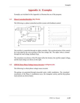 Examples
PSIM User Manual A-105
Appendix A: Examples
Examples are included in this Appendix to illustrate the use of the program.
A.1 Phase-Controlled Rectifier (thy-3f.sch)
The following is a phase-controlled rectifier system with feedback control.
The rectifier is controlled through an alpha controller. The synchronization of the control-
ler is provided by the zero-crossing of the line voltage Vac. The alpha value is created
through the load voltage feedback loop.
The simulation waveforms of the PI output (after the limiter), the rectifier output voltage,
and the load voltage are shown on the right:
A.2 SPWM Three-Phase Voltage Source Inverter (vsi3spwm.sch)
The following is a three-phase voltage source inverter.
The gatings are generated through sinusoidal pulse width modulation .The simulated
waveforms of the Phase A modulation wave, the triangular carrier, and the three-phase
load currents are shown below.
0 5 10 15 20 25 30 35 40 45 50
x10 -3Time
data
-100
0
100
200
x10 0
0 5 10 15 20 25 30 35 40 45 50
x10 -3Time
data
0
500
1000
1500
x10 -3
Vdc
Vpi
Vo
(ms)
 