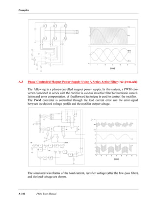Examples
A-106 PSIM User Manual
A.3 Phase-Controlled Magnet Power Supply Using A Series Active Filter (rec-pwm.sch)
The following is a phase-controlled magnet power supply. In this system, a PWM con-
verter connected in series with the rectifier is used as an active filter for harmonic cancel-
lation and error compensation. A feedforward technique is used to control the rectifier.
The PWM converter is controlled through the load current error and the error signal
between the desired voltage profile and the rectifier output voltage.
The simulated waveforms of the load current, rectifier voltage (after the low-pass filter),
and the load voltage are shown.
0 5 10 15 20 25 30
x10 -3Time
data
-50
0
50
x10 0
0 5 10 15 20 25 30
x10 -3Time
data
-1
0
1
x10 0
I(RL4a)
I(RL4b)
I(RL4c)
Vma
Vcarr
(ms)
43 44 45 46 47 48 49 50 51
x10 -3
0
5
10
15
x10 0
43 44 45 46 47 48 49 50 51
x10 -3
0
5
10
15
x10 0
43 44 45 46 47 48 49 50 51
x10 -3
1998
2000
2002
x10 -3
I(io)
Vo
Vd
+-
vc
+
-
vd vo
+
-
iref
vref
alpha
(ms)
 
