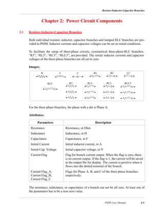 Resistor-Inductor-Capacitor Branches
PSIM User Manual 2-1
Chapter 2: Power Circuit Components
2.1 Resistor-Inductor-Capacitor Branches
Both individual resistor, inductor, capacitor branches and lumped RLC branches are pro-
vided in PSIM. Inductor currents and capacitor voltages can be set as initial conditions.
To facilitate the setup of three-phase circuits, symmetrical three-phase RLC branches,
“R3”, “RL3”, “RC3”, “RLC3”, are provided. The initial inductor currents and capacitor
voltages of the three-phase branches are all set to zero.
Images:
For the three-phase branches, the phase with a dot is Phase A.
Attributes:
The resistance, inductance, or capacitance of a branch can not be all zero. At least one of
the parameters has to be a non-zero value.
Parameters Description
Resistance Resistance, in Ohm
Inductance Inductance, in H
Capacitance Capacitance, in F
Initial Current Initial inductor current, in A
Initial Cap. Voltage Initial capacitor voltage, in V
Current Flag Flag for branch current output. When the flag is zero, there
is no current output. If the flag is 1, the current will be saved
to the output file for display. The current is positive when it
flows into the dotted terminal of the branch.
Current Flag_A;
Current Flag_B;
Current Flag_C
Flags for Phase A, B, and C of the three-phase branches,
respectively.
R L C RL RC
R3 RL3 RC3 RLC3RLC
LC
 