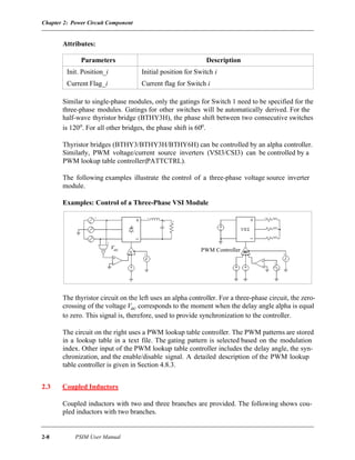 Chapter 2: Power Circuit Component
2-8 PSIM User Manual
Attributes:
Similar to single-phase modules, only the gatings for Switch 1 need to be specified for the
three-phase modules. Gatings for other switches will be automatically derived. For the
half-wave thyristor bridge (BTHY3H), the phase shift between two consecutive switches
is 120o. For all other bridges, the phase shift is 60o.
Thyristor bridges (BTHY3/BTHY3H/BTHY6H) can be controlled by an alpha controller.
Similarly, PWM voltage/current source inverters (VSI3/CSI3) can be controlled by a
PWM lookup table controller(PATTCTRL).
The following examples illustrate the control of a three-phase voltage source inverter
module.
Examples: Control of a Three-Phase VSI Module
The thyristor circuit on the left uses an alpha controller. For a three-phase circuit, the zero-
crossing of the voltage Vac corresponds to the moment when the delay angle alpha is equal
to zero. This signal is, therefore, used to provide synchronization to the controller.
The circuit on the right uses a PWM lookup table controller. The PWM patterns are stored
in a lookup table in a text file. The gating pattern is selected based on the modulation
index. Other input of the PWM lookup table controller includes the delay angle, the syn-
chronization, and the enable/disable signal. A detailed description of the PWM lookup
table controller is given in Section 4.8.3.
2.3 Coupled Inductors
Coupled inductors with two and three branches are provided. The following shows cou-
pled inductors with two branches.
Parameters Description
Init. Position_i Initial position for Switch i
Current Flag_i Current flag for Switch i
PWM ControllerVac
 