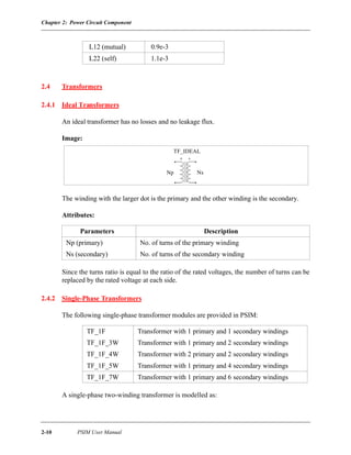 Chapter 2: Power Circuit Component
2-10 PSIM User Manual
2.4 Transformers
2.4.1 Ideal Transformers
An ideal transformer has no losses and no leakage flux.
Image:
The winding with the larger dot is the primary and the other winding is the secondary.
Attributes:
Since the turns ratio is equal to the ratio of the rated voltages, the number of turns can be
replaced by the rated voltage at each side.
2.4.2 Single-Phase Transformers
The following single-phase transformer modules are provided in PSIM:
A single-phase two-winding transformer is modelled as:
L12 (mutual) 0.9e-3
L22 (self) 1.1e-3
Parameters Description
Np (primary) No. of turns of the primary winding
Ns (secondary) No. of turns of the secondary winding
TF_1F Transformer with 1 primary and 1 secondary windings
TF_1F_3W Transformer with 1 primary and 2 secondary windings
TF_1F_4W Transformer with 2 primary and 2 secondary windings
TF_1F_5W Transformer with 1 primary and 4 secondary windings
TF_1F_7W Transformer with 1 primary and 6 secondary windings
TF_IDEAL
Np Ns
 