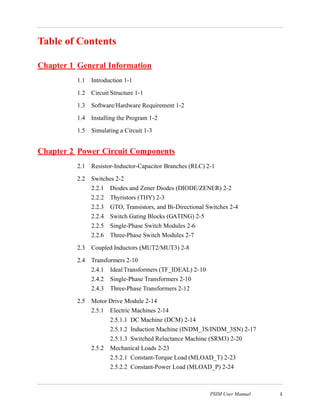 PSIM User Manual i
Table of Contents
Chapter 1 General Information
1.1 Introduction 1-1
1.2 Circuit Structure 1-1
1.3 Software/Hardware Requirement 1-2
1.4 Installing the Program 1-2
1.5 Simulating a Circuit 1-3
Chapter 2 Power Circuit Components
2.1 Resistor-Inductor-Capacitor Branches (RLC) 2-1
2.2 Switches 2-2
2.2.1 Diodes and Zener Diodes (DIODE/ZENER) 2-2
2.2.2 Thyristors (THY) 2-3
2.2.3 GTO, Transistors, and Bi-Directional Switches 2-4
2.2.4 Switch Gating Blocks (GATING) 2-5
2.2.5 Single-Phase Switch Modules 2-6
2.2.6 Three-Phase Switch Modules 2-7
2.3 Coupled Inductors (MUT2/MUT3) 2-8
2.4 Transformers 2-10
2.4.1 IdealTransformers (TF_IDEAL) 2-10
2.4.2 Single-Phase Transformers 2-10
2.4.3 Three-Phase Transformers 2-12
2.5 Motor Drive Module 2-14
2.5.1 Electric Machines 2-14
2.5.1.1 DC Machine (DCM) 2-14
2.5.1.2 Induction Machine (INDM_3S/INDM_3SN) 2-17
2.5.1.3 Switched Reluctance Machine (SRM3) 2-20
2.5.2 Mechanical Loads 2-23
2.5.2.1 Constant-Torque Load (MLOAD_T) 2-23
2.5.2.2 Constant-Power Load (MLOAD_P) 2-24
 