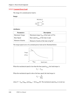 Chapter 2: Power Circuit Component
2-24 PSIM User Manual
2.5.2.2 Constant-Power Load
The image of a constant-power load is:
Image:
Attributes:
The torque-speed curve of a constant-power load can be illustrated below:
When the mechanical speed is less than the base speed nbase, the load torque is:
When the mechanical speed is above the base speed, the load torque is:
where P = Tmax*ωbase and ωbase = 2π∗nbase/60. The mechanical speed ωm is in rad./sec.
Parameters Description
Maximum Torque Maximum torque Tmax of the load, in N*m
Base Speed Base speed nbase of the load, in rpm
Moment of Inertia Moment of inertia of the load, in kg*m2
MLOAD_P
Speed (rpm)
Tmax
0
Torque
(N*m)
nbase
TL Tmax=
TL
P
ωm
----------=
 