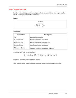 Motor Drive Module
PSIM User Manual 2-25
2.5.2.3 General-Type Load
Besides constant-torque and constant-power load, a general-type load is provided in
PSIM. The image of the load is as follows:
Image:
Attributes:
A general-type load is expressed as:
where ωm is the mechanical speed in rad./sec.
Note that the torque of the general-type load is dependent on the speed direction.
Parameters Description
Tc Constant torque term
k1 (coefficient) Coefficient for the linear term
k2 (coefficient) Coefficient for the quadratic term
k3 (coefficient) Coefficient for the cubic term
Moment of Inertia Moment of inertia of the load, in kg*m2
MLOAD
TL sign ωm( ) Tc k1 ωm k2 ωm
2
k3 ωm
3
⋅+⋅+⋅+( )⋅=
 