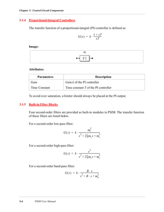 Chapter 3: Control Circuit Components
3-4 PSIM User Manual
3.1.4 Proportional-Integral Controllers
The transfer function of a proportional-integral (PI) controller is defined as:
Image:
Attributes:
To avoid over saturation, a limiter should always be placed at the PI output.
3.1.5 Built-in Filter Blocks
Four second-order filters are provided as built-in modules in PSIM. The transfer function
of these filters are listed below.
For a second-order low-pass filter:
For a second-order high-pass filter:
For a second-order band-pass filter:
Parameters Description
Gain Gain k of the PI controller
Time Constant Time constant T of the PI controller
G s( ) k
1 sT+
sT
---------------⋅=
PI
G s( ) k
ωc
2
s
2
2ξωcs ωc
2
+ +
---------------------------------------⋅=
G s( ) k
s
2
s
2
2ξωcs ωc
2
+ +
---------------------------------------⋅=
G s( ) k
B s⋅
s
2
B s⋅ ωo
2
+ +
----------------------------------⋅=
 