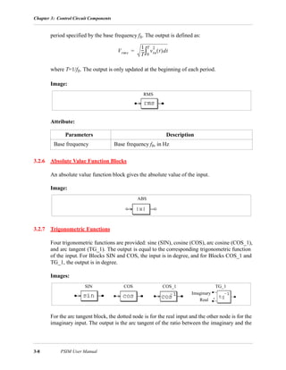 Chapter 3: Control Circuit Components
3-8 PSIM User Manual
period specified by the base frequency fb. The output is defined as:
where T=1/fb. The output is only updated at the beginning of each period.
Image:
Attribute:
3.2.6 Absolute Value Function Blocks
An absolute value function block gives the absolute value of the input.
Image:
3.2.7 Trigonometric Functions
Four trigonometric functions are provided: sine (SIN), cosine (COS), arc cosine (COS_1),
and arc tangent (TG_1). The output is equal to the corresponding trigonometric function
of the input. For Blocks SIN and COS, the input is in degree, and for Blocks COS_1 and
TG_1, the output is in degree.
Images:
For the arc tangent block, the dotted node is for the real input and the other node is for the
imaginary input. The output is the arc tangent of the ratio between the imaginary and the
Parameters Description
Base frequency Base frequency fb, in Hz
Vrms
1
T
--- vin
2
t( )dt
0
T
∫=
RMS
ABS
SIN COS COS_1 TG_1
Imaginary
Real
 