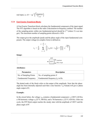 Computational Function Blocks
PSIM User Manual 3-9
real input, i.e. .
3.2.8 Fast Fourier Transform Blocks
A Fast Fourier Transform block calculates the fundamental component of the input signal.
The FFT algorithm is based on the radix-2/decimation-in-frequency method. The number
of the sampling points within one fundamental period should be 2 N
(where N is an inte-
ger). The maximum number of sampling points allowed is 1024.
The output gives the amplitude (peak) and the phase angle of the input fundamental com-
ponent. The output voltage (in complex form) is defined as:
Image:
Attributes:
The dotted node of the block refers to the output of the amplitude. Note that the phase
angle has been internally adjusted such that a sine function Vm*sin(ωt) will give a phase
angle output of 0.
Example:
In the circuit below, the voltage vin contains a fundamental component v1 (100 V, 60 Hz),
a 5th harmonic voltage v5 (25 V, 300 Hz), and a 7th harmonicv7 (25 V, 420 Hz). After one
cycle, the FFT block output reaches the steady state with the amplitude of 100 V and the
phase angle of 0o.
Parameters Description
No. of Sampling Points No. of sampling points N
Fundamental Frequency Fundamental frequency fb, in Hz.
θ tg
1– Vimaginary
Vreal
------------------------
 
 =
vo
2
N
---- vin n( ) vin n
N
2
----+
 
 – e
j
2πn
N
----------–
⋅
 
 
 
n 0=
n N
2
---- 1–=
∑⋅=
FFT
Amplitude
Phase Angle
 