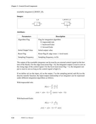 Chapter 3: Control Circuit Components
3-24 PSIM User Manual
resettable integrator (I_RESET_D).
Images:
Attribute:
The output of the resettable integrator can be reset by an external control signal (at the bot-
tom of the block). For the edge reset (reset flag = 0), the integrator output is reset to zero at
the rising edge of the control signal. For the level reset (reset flag = 1), the integrator out-
put is reset to zero as long as the control signal is high (1).
If we define u(t) as the input, y(t) as the output, T as the sampling period, and H(z) as the
discrete transfer function, the input-output relationship of an integrator can be expressed
under different integration algorithms as follows.
With trapezoidal rule:
With backward Euler:
Parameters Description
Algorithm Flag Flag for integration algorithm
0: trapezoidal rule
1: backward Euler
2: forward Euler
Initial Output Value Initial output value
Reset Flag Reset flag (0: edge reset; 1: level reset)
Sampling Frequency Sampling frequency, in Hz
I_D I_RESET_D
H z( )
T
2
---
z 1+
z 1–
-----------⋅=
y n( ) y n 1–( )
T
2
--- u n( ) u n 1–( )+( )⋅+=
H z( ) T
z
z 1–
-----------⋅=
y n( ) y n 1–( ) T u n( )⋅+=
 