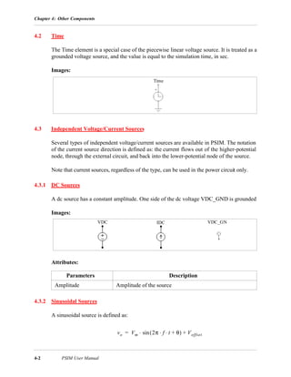 Chapter 4: Other Components
4-2 PSIM User Manual
4.2 Time
The Time element is a special case of the piecewise linear voltage source. It is treated as a
grounded voltage source, and the value is equal to the simulation time, in sec.
Images:
4.3 Independent Voltage/Current Sources
Several types of independent voltage/current sources are available in PSIM. The notation
of the current source direction is defined as: the current flows out of the higher-potential
node, through the external circuit, and back into the lower-potential node of the source.
Note that current sources, regardless of the type, can be used in the power circuit only.
4.3.1 DC Sources
A dc source has a constant amplitude. One side of the dc voltage VDC_GND is grounded
Images:
Attributes:
4.3.2 Sinusoidal Sources
A sinusoidal source is defined as:
Parameters Description
Amplitude Amplitude of the source
Time
VDC IDC VDC_GN
vo Vm 2π f t θ+⋅ ⋅( )sin⋅ Voffset+=
 