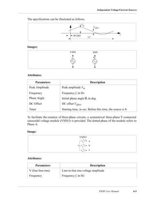 Independent Voltage/Current Sources
PSIM User Manual 4-3
The specifications can be illustrated as follows.
Images:
Attributes:
To facilitate the creation of three-phase circuits, a symmetrical three-phase Y-connected
sinusoidal voltage module (VSIN3) is provided. The dotted phase of the module refers to
Phase A.
Image:
Attributes:
Parameters Description
Peak Amplitude Peak amplitude Vm
Frequency Frequency f, in Hz
Phase Angle Initial phase angle θ, in deg.
DC Offset DC offset Voffset
Tstart Starting time, in sec. Before this time, the source is 0.
Parameters Description
V (line-line-rms) Line-to-line rms voltage amplitude
Frequency Frequency f, in Hz
Voffset
Vm
1/f
θ/(2πf) t
VSIN ISIN
VSIN3
a
b
c
 