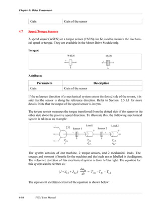 Chapter 4: Other Components
4-10 PSIM User Manual
4.7 Speed/Torque Sensors
A speed sensor (WSEN) or a torque sensor (TSEN) can be used to measure the mechani-
cal speed or torque. They are available in the Motor Drive Moduleonly.
Images:
Attribute:
If the reference direction of a mechanical system enters the dotted side of the sensor, it is
said that the sensor is along the reference direction. Refer to Section 2.5.1.1 for more
details. Note that the output of the speed sensor is in rpm.
The torque sensor measures the torque transferred from the dotted side of the sensor to the
other side alone the positive speed direction. To illustrate this, the following mechanical
system is taken as an example:
The system consists of one machine, 2 torque sensors, and 2 mechanical loads. The
torques and moment of inertia for the machine and the loads are as labelled in the diagram.
The reference direction of this mechanical system is from left to right. The equation for
this system can be written as:
The equivalent electrical circuit of the equation is shown below:
Gain Gain of the sensor
Parameters Description
Gain Gain of the sensor
TSENWSEN
Load 1 Load 2
Sensor 1 Sensor 2
TL1 TL2
J JL1 JL2
Tem
J JL1 JL2+ +( )
dωm
dt
----------⋅ Tem TL1– TL2–=
 